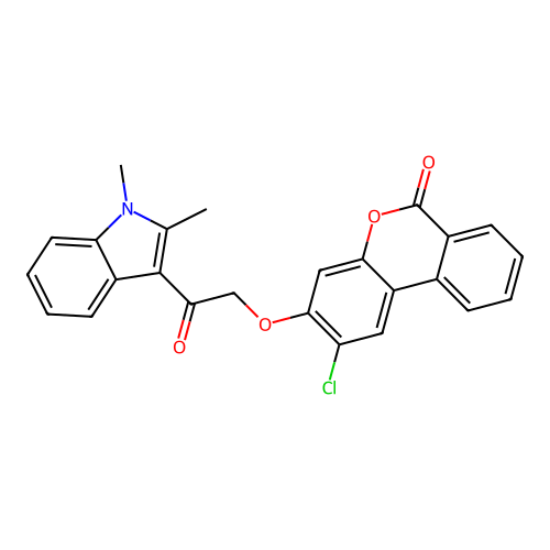 2-chloro-3-(2-(1,2-dimethyl-1H-indol-3-yl)-2-oxoethoxy)-6H-benzo[c]chromen-6-one structure