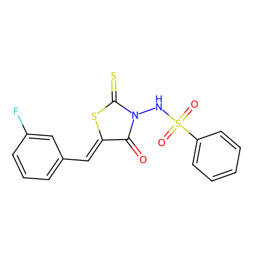 N-[(5Z)-5-(3-fluorobenzylidene)-4-oxo-2-thioxo-1,3-thiazolidin-3-yl]benzenesulfonamide structure