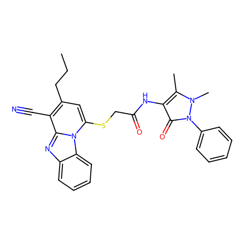 2-(4-Cyano-3-propyl-benzo[4,5]imidazo[1,2-a]pyridin-1-ylsulfanyl)-N-(1,5-dimethyl-3-oxo-2-phenyl-2,3-d ihydro-1H-pyrazol-4-yl)-acetamide structure