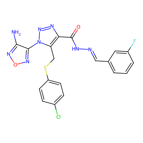 (E)-1-(4-amino-1,2,5-oxadiazol-3-yl)-5-(((4-chlorophenyl)thio)methyl)-N'-(3-fluorobenzylidene)-1H-1,2,3-triazole-4-carbohydrazide structure