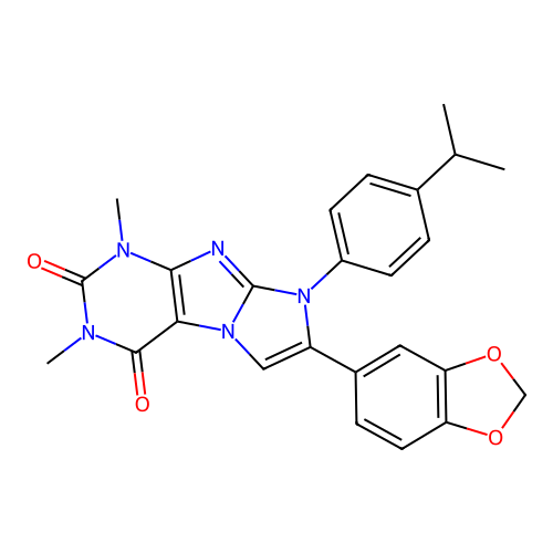 7-(1,3-benzodioxol-5-yl)-1,3-dimethyl-8-[4-(propan-2-yl)phenyl]-1H-imidazo[2,1-f]purine-2,4(3H,8H)-dione structure