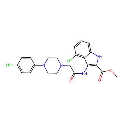 Methyl 4-chloro-3-[[2-[4-(4-chlorophenyl)piperazin-1-yl]acetyl]amino]-1H-indole-2-carboxylate structure