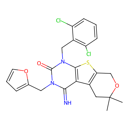 1-(2,6-dichlorobenzyl)-3-(furan-2-ylmethyl)-4-imino-6,6-dimethyl-1,3,4,5,6,8-hexahydro-2H-pyrano[4',3':4,5]thieno[2,3-d]pyrimidin-2-one structure