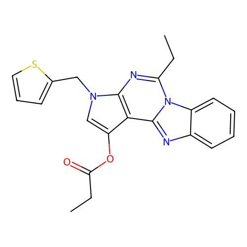 5-ethyl-3-(thiophen-2-ylmethyl)-3H-benzo[4,5]imidazo[1,2-c]pyrrolo[3,2-e]pyrimidin-1-yl propionate structure