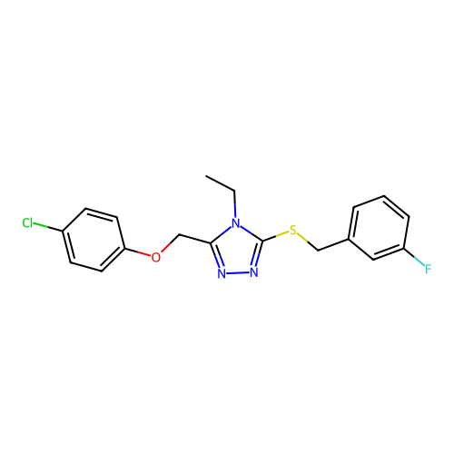 3-((4-chlorophenoxy)methyl)-4-ethyl-5-((3-fluorobenzyl)thio)-4H-1,2,4-triazole structure