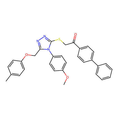 1-([1,1'-biphenyl]-4-yl)-2-((4-(4-methoxyphenyl)-5-((p-tolyloxy)methyl)-4H-1,2,4-triazol-3-yl)thio)ethanone structure