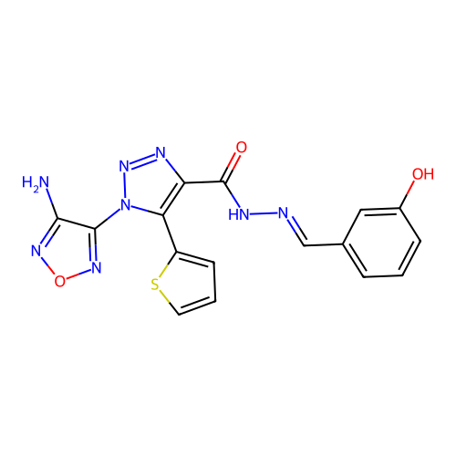 (E)-1-(4-amino-1,2,5-oxadiazol-3-yl)-N'-(3-hydroxybenzylidene)-5-(thiophen-2-yl)-1H-1,2,3-triazole-4-carbohydrazide structure