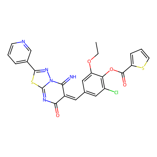 (E)-2-chloro-6-ethoxy-4-((5-imino-7-oxo-2-(pyridin-3-yl)-5H-[1,3,4]thiadiazolo[3,2-a]pyrimidin-6(7H)-ylidene)methyl)phenyl thiophene-2-carboxylate structure