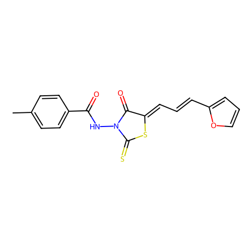 N-((Z)-5-((E)-3-(furan-2-yl)allylidene)-4-oxo-2-thioxothiazolidin-3-yl)-4-methylbenzamide structure