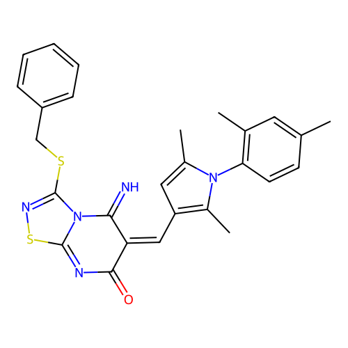 (E)-3-(benzylthio)-6-((1-(2,4-dimethylphenyl)-2,5-dimethyl-1H-pyrrol-3-yl)methylene)-5-imino-5H-[1,2,4]thiadiazolo[4,5-a]pyrimidin-7(6H)-one structure