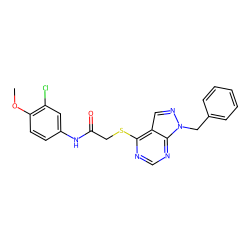 2-((1-benzyl-1H-pyrazolo[3,4-d]pyrimidin-4-yl)thio)-N-(3-chloro-4-methoxyphenyl)acetamide structure