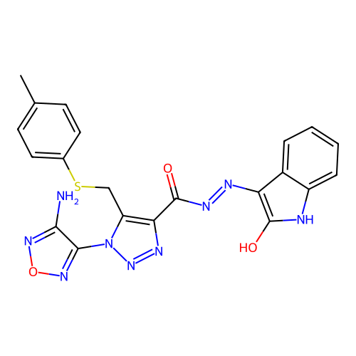 (Z)-1-(4-amino-1,2,5-oxadiazol-3-yl)-N'-(2-oxoindolin-3-ylidene)-5-((p-tolylthio)methyl)-1H-1,2,3-triazole-4-carbohydrazide structure