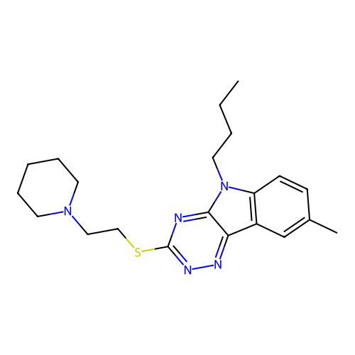 5-butyl-8-methyl-3-((2-(piperidin-1-yl)ethyl)thio)-5H-[1,2,4]triazino[5,6-b]indole structure