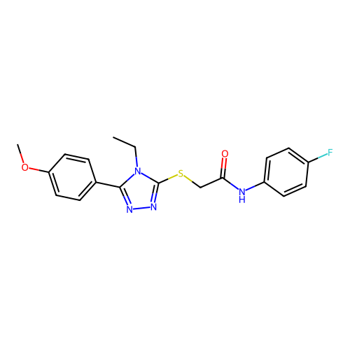 2-((4-ethyl-5-(4-methoxyphenyl)-4H-1,2,4-triazol-3-yl)thio)-N-(4-fluorophenyl)acetamide structure