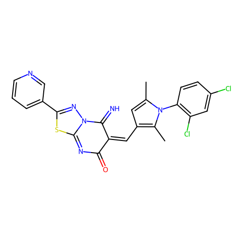 (E)-6-((1-(2,4-dichlorophenyl)-2,5-dimethyl-1H-pyrrol-3-yl)methylene)-5-imino-2-(pyridin-3-yl)-5H-[1,3,4]thiadiazolo[3,2-a]pyrimidin-7(6H)-one structure