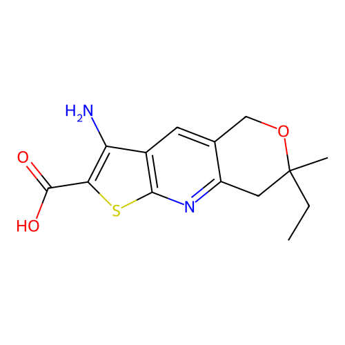 3-amino-7-ethyl-7-methyl-7,8-dihydro-5H-pyrano[4,3-b]thieno[3,2-e]pyridine-2-carboxylic acid structure