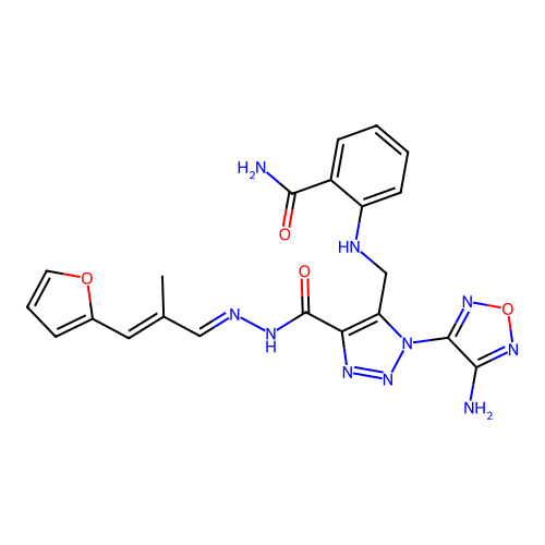 1-(4-amino-1,2,5-oxadiazol-3-yl)-5-[(2-carbamoylanilino)methyl]-N-[(E)-[(E)-3-(furan-2-yl)-2-methylprop-2-enylidene]amino]triazole-4-carboxamide structure