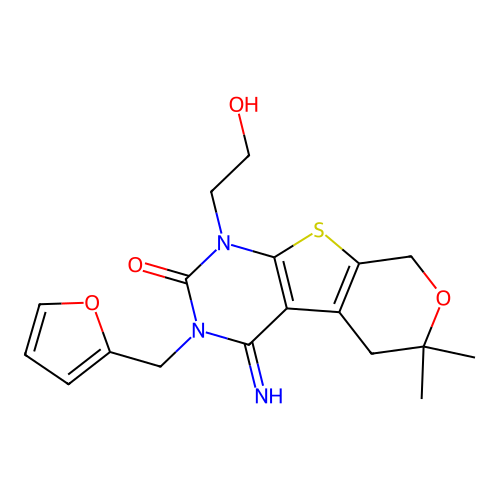 3-(furan-2-ylmethyl)-1-(2-hydroxyethyl)-4-imino-6,6-dimethyl-1,3,4,5,6,8-hexahydro-2H-pyrano[4',3':4,5]thieno[2,3-d]pyrimidin-2-one structure