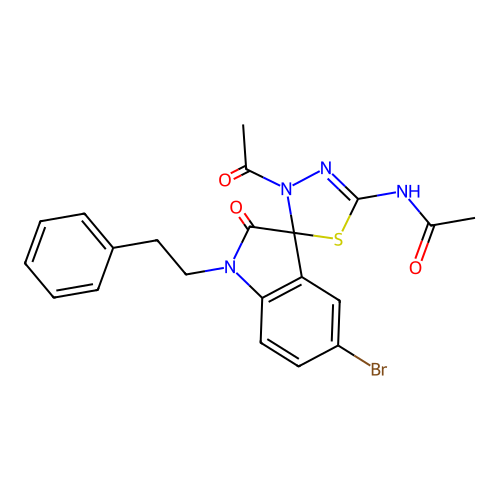 N-[3'-acetyl-5-bromo-2-oxo-1-(2-phenylethyl)-1,2-dihydro-3'H-spiro[indole-3,2'-[1,3,4]thiadiazol]-5'-yl]acetamide structure