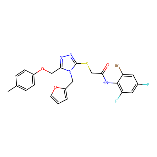 N-(2-bromo-4,6-difluorophenyl)-2-((4-(furan-2-ylmethyl)-5-((p-tolyloxy)methyl)-4H-1,2,4-triazol-3-yl)thio)acetamide structure