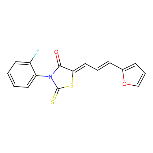 (Z)-3-(2-fluorophenyl)-5-((E)-3-(furan-2-yl)allylidene)-2-thioxothiazolidin-4-one structure