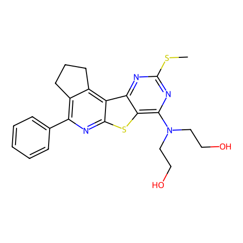 2,2'-((9-(methylthio)-4-phenyl-2,3-dihydro-1H-cyclopenta[4',5']pyrido[3',2':4,5]thieno[3,2-d]pyrimidin-7-yl)azanediyl)diethanol structure