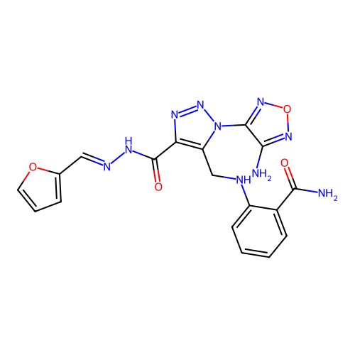 (E)-2-(((1-(4-amino-1,2,5-oxadiazol-3-yl)-4-(2-(furan-2-ylmethylene)hydrazinecarbonyl)-1H-1,2,3-triazol-5-yl)methyl)amino)benzamide structure