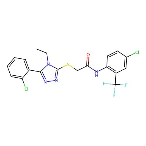 2-[[5-(2-chlorophenyl)-4-ethyl-1,2,4-triazol-3-yl]sulfanyl]-N-[4-chloro-2-(trifluoromethyl)phenyl]acetamide structure