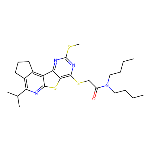 N,N-dibutyl-2-((4-isopropyl-9-(methylthio)-2,3-dihydro-1H-cyclopenta[4',5']pyrido[3',2':4,5]thieno[3,2-d]pyrimidin-7-yl)thio)acetamide structure