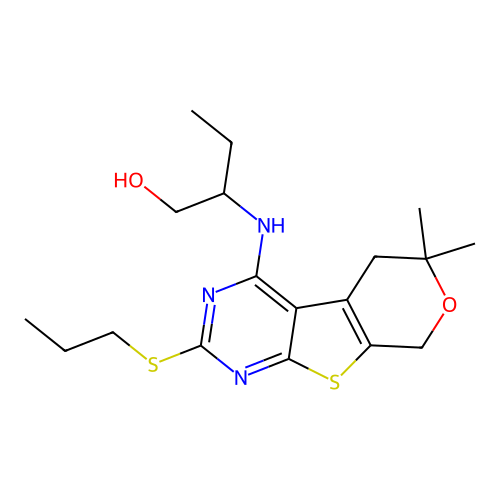 2-((6,6-dimethyl-2-(propylthio)-6,8-dihydro-5H-pyrano[4',3':4,5]thieno[2,3-d]pyrimidin-4-yl)amino)butan-1-ol structure