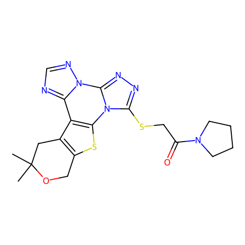 2-((12,12-dimethyl-12,13-dihydro-10H-pyrano[4',3':4,5]thieno[3,2-e]bis([1,2,4]triazolo)[4,3-a:1',5'-c]pyrimidin-7-yl)thio)-1-(pyrrolidin-1-yl)ethanone structure