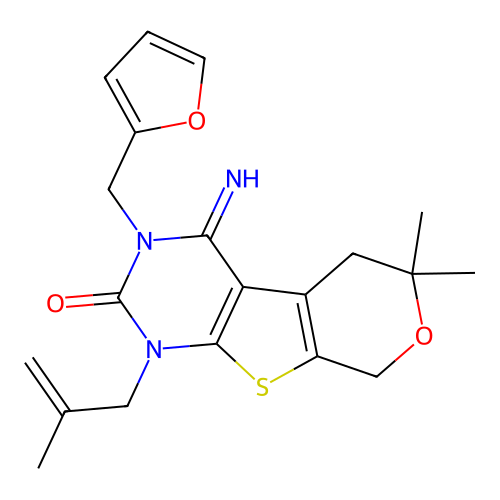 3-(furan-2-ylmethyl)-4-imino-6,6-dimethyl-1-(2-methylallyl)-3,4,5,6-tetrahydro-1H-pyrano[4',3':4,5]thieno[2,3-d]pyrimidin-2(8H)-one structure