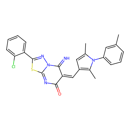 (E)-2-(2-chlorophenyl)-6-((2,5-dimethyl-1-(m-tolyl)-1H-pyrrol-3-yl)methylene)-5-imino-5H-[1,3,4]thiadiazolo[3,2-a]pyrimidin-7(6H)-one structure