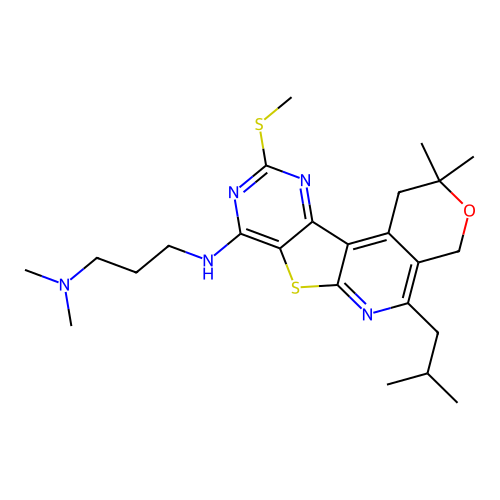 N'-[2,2-dimethyl-5-(2-methylpropyl)-10-(methylsulfanyl)-1,4-dihydro-2H-pyrano[4'',3'':4',5']pyrido[3',2':4,5]thieno[3,2-d]pyrimidin-8-yl]-N,N-dimethylpropane-1,3-diamine structure