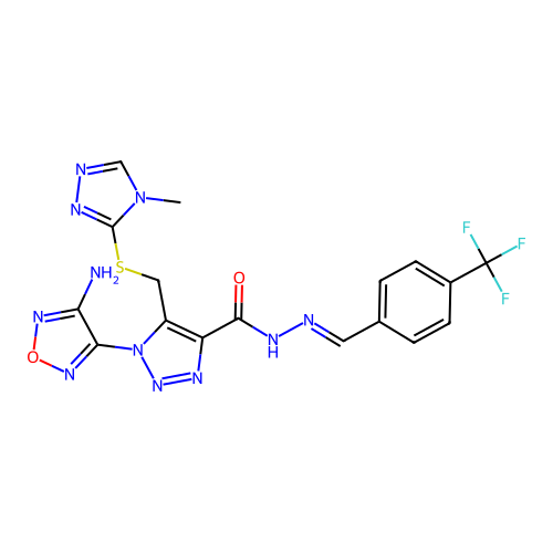 (E)-1-(4-amino-1,2,5-oxadiazol-3-yl)-5-(((4-methyl-4H-1,2,4-triazol-3-yl)thio)methyl)-N'-(4-(trifluoromethyl)benzylidene)-1H-1,2,3-triazole-4-carbohydrazide structure