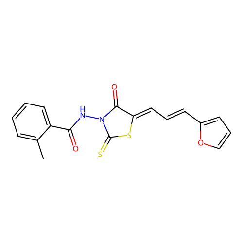 N-((Z)-5-((E)-3-(furan-2-yl)allylidene)-4-oxo-2-thioxothiazolidin-3-yl)-2-methylbenzamide structure