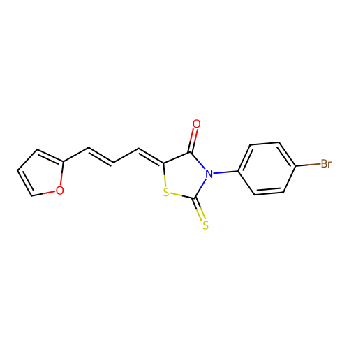 5-((2E)-3-(2-furyl)prop-2-enylidene)-3-(4-bromophenyl)-2-thioxo-1,3-thiazolidi n-4-one structure