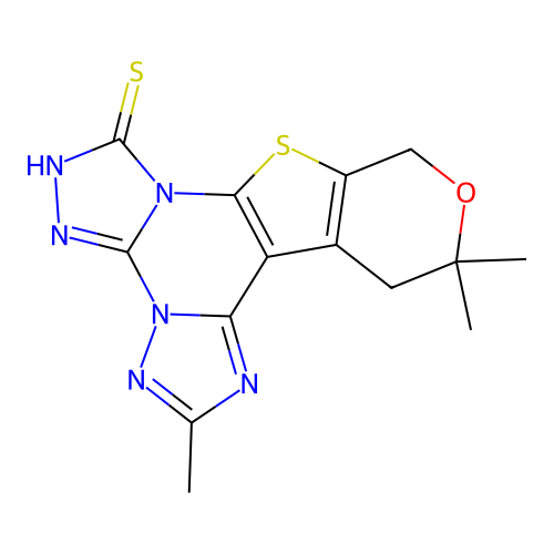 2,12,12-trimethyl-12,13-dihydro-10H-pyrano[4',3':4,5]thieno[3,2-e]bis([1,2,4]triazolo)[4,3-a:1',5'-c]pyrimidine-7-thiol structure