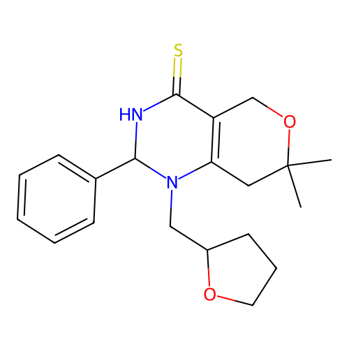 7,7-dimethyl-1-(oxolan-2-ylmethyl)-2-phenyl-2,3,5,8-tetrahydropyrano[4,3-d]pyrimidine-4-thione structure
