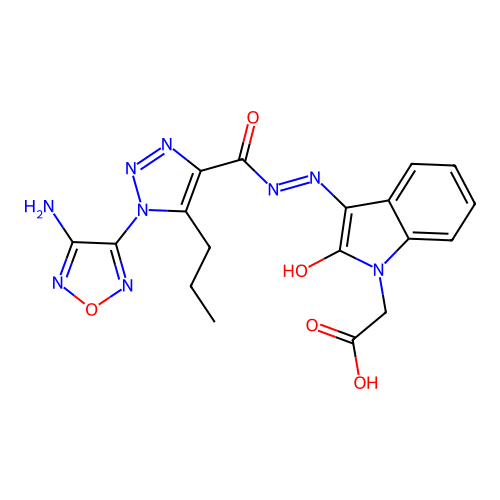 (Z)-2-(3-(2-(1-(4-amino-1,2,5-oxadiazol-3-yl)-5-propyl-1H-1,2,3-triazole-4-carbonyl)hydrazono)-2-oxoindolin-1-yl)acetic acid structure