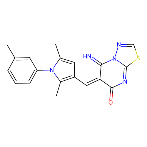 (E)-6-((2,5-dimethyl-1-(m-tolyl)-1H-pyrrol-3-yl)methylene)-5-imino-5H-[1,3,4]thiadiazolo[3,2-a]pyrimidin-7(6H)-one structure