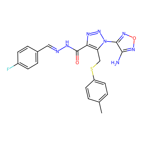 (E)-1-(4-amino-1,2,5-oxadiazol-3-yl)-N'-(4-fluorobenzylidene)-5-((p-tolylthio)methyl)-1H-1,2,3-triazole-4-carbohydrazide structure