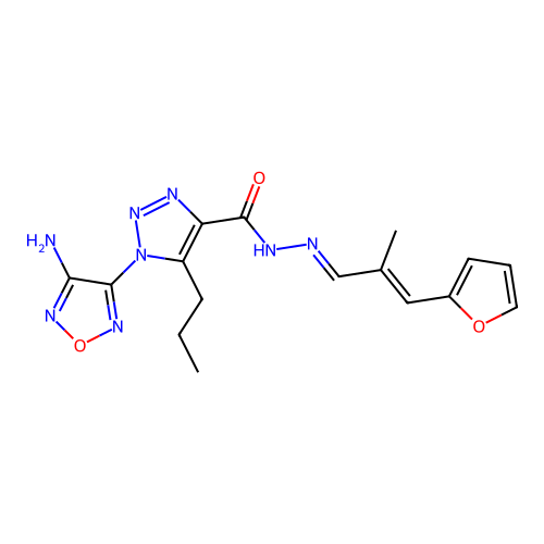 (E)-1-(4-amino-1,2,5-oxadiazol-3-yl)-N'-((E)-3-(furan-2-yl)-2-methylallylidene)-5-propyl-1H-1,2,3-triazole-4-carbohydrazide structure