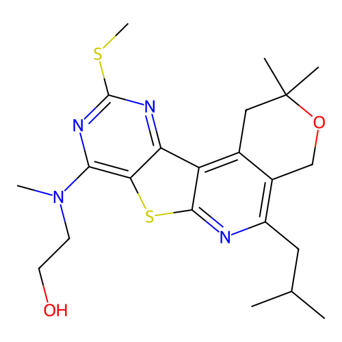 2-((5-isobutyl-2,2-dimethyl-10-(methylthio)-2,4-dihydro-1H-pyrano[4'',3'':4',5']pyrido[3',2':4,5]thieno[3,2-d]pyrimidin-8-yl)(methyl)amino)ethanol structure