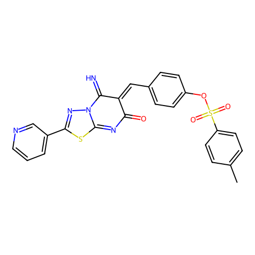 (Z)-4-((5-imino-7-oxo-2-(pyridin-3-yl)-5H-[1,3,4]thiadiazolo[3,2-a]pyrimidin-6(7H)-ylidene)methyl)phenyl 4-methylbenzenesulfonate structure