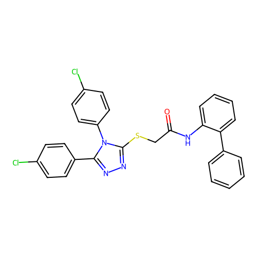 2-[[4,5-bis(4-chlorophenyl)-1,2,4-triazol-3-yl]sulfanyl]-N-(2-phenylphenyl)acetamide structure