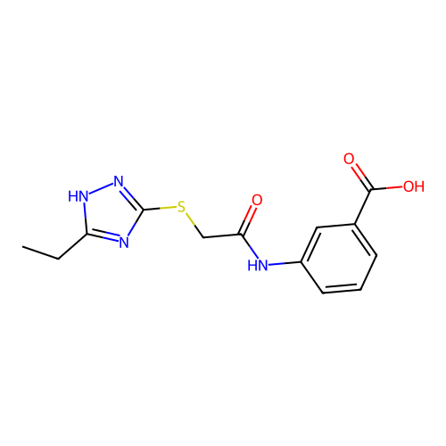 3-({[(5-ethyl-4H-1,2,4-triazol-3-yl)sulfanyl]acetyl}amino)benzoic acid structure
