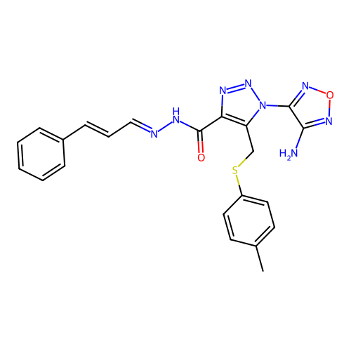 (E)-1-(4-amino-1,2,5-oxadiazol-3-yl)-N'-((E)-3-phenylallylidene)-5-((p-tolylthio)methyl)-1H-1,2,3-triazole-4-carbohydrazide structure