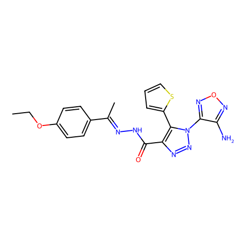 (E)-1-(4-amino-1,2,5-oxadiazol-3-yl)-N'-(1-(4-ethoxyphenyl)ethylidene)-5-(thiophen-2-yl)-1H-1,2,3-triazole-4-carbohydrazide structure
