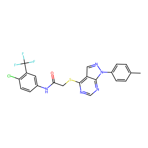 N-(4-chloro-3-(trifluoromethyl)phenyl)-2-((1-(p-tolyl)-1H-pyrazolo[3,4-d]pyrimidin-4-yl)thio)acetamide structure